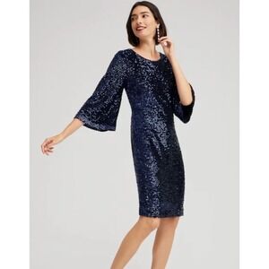 Chico's Size 3 US 16 Sequined Navy Blue Bell Sleeve Shift Knee New Years Dress